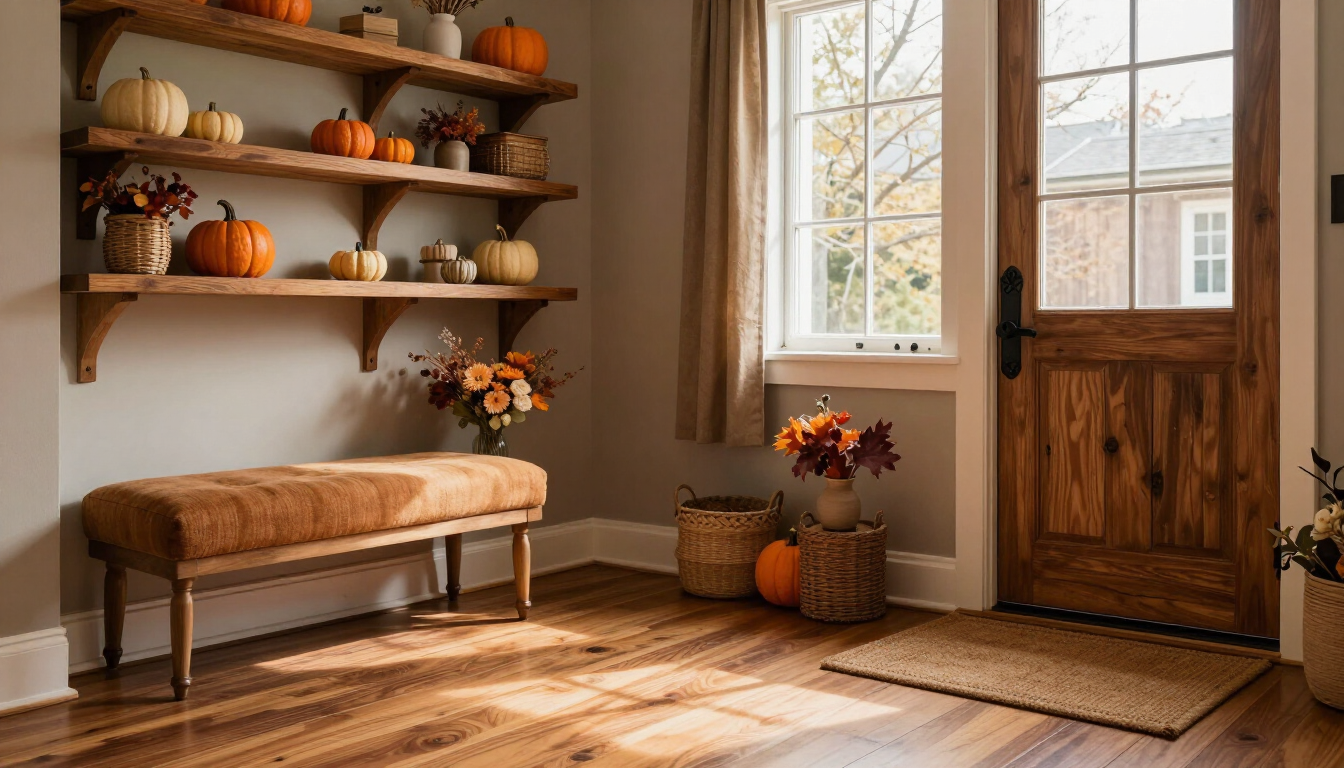 An organized autumn entryway with boots and coats neatly stored.