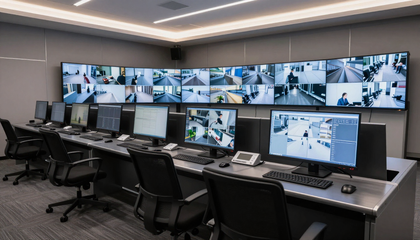 Sala de control de seguridad con múltiples monitores