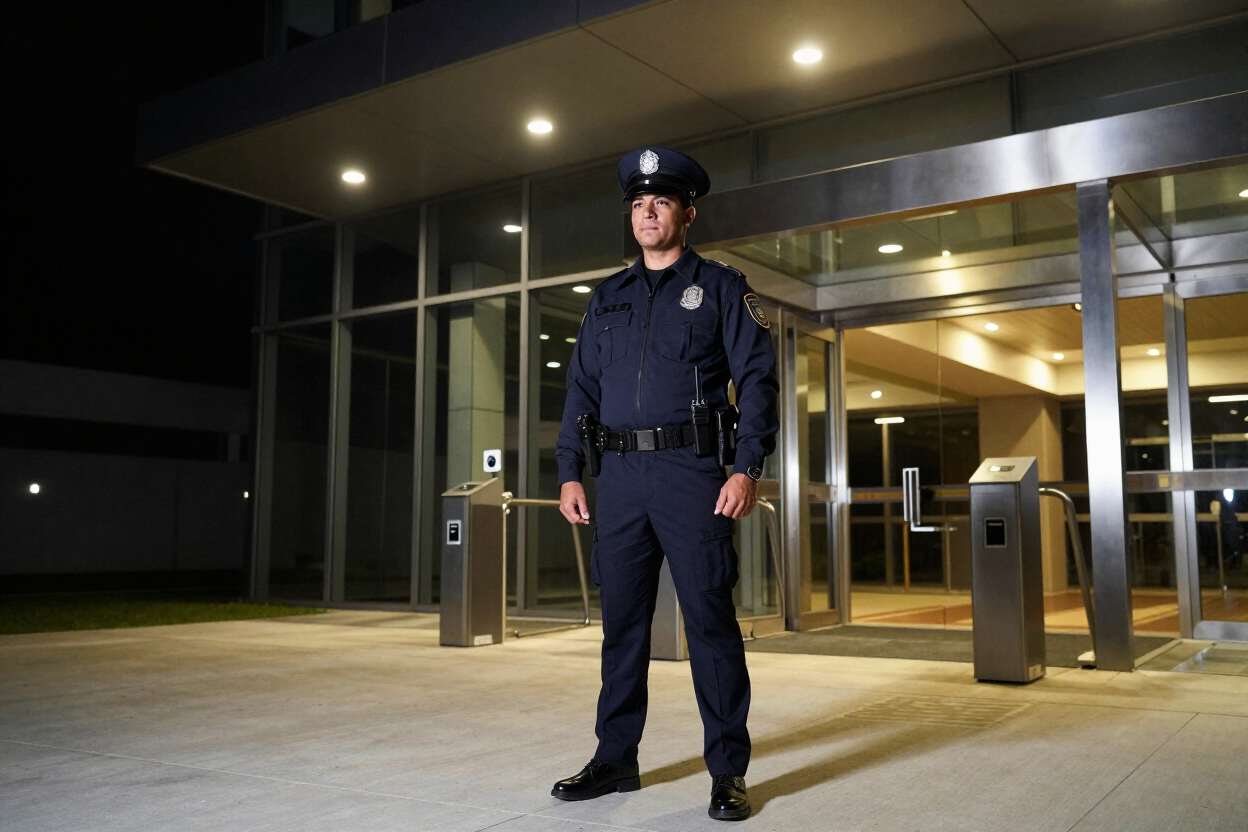 Un agente de policía permanece de pie frente a la entrada iluminada de un edificio por la noche.