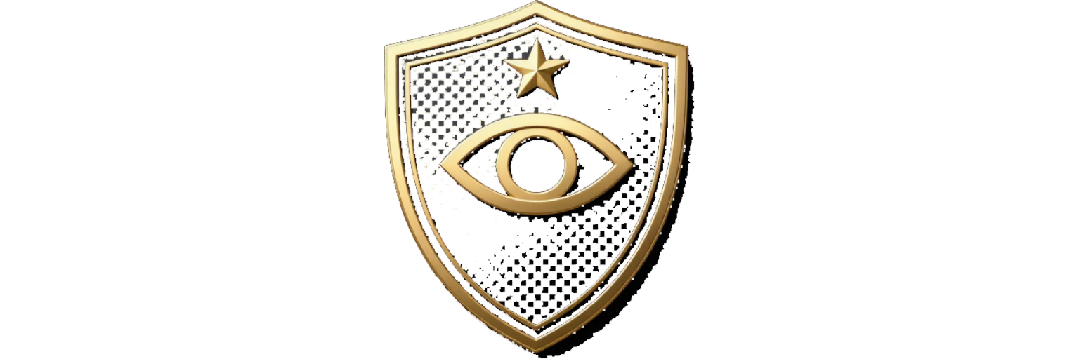 Emblema de escudo dorado con un icono de un ojo y una pequeña estrella encima.