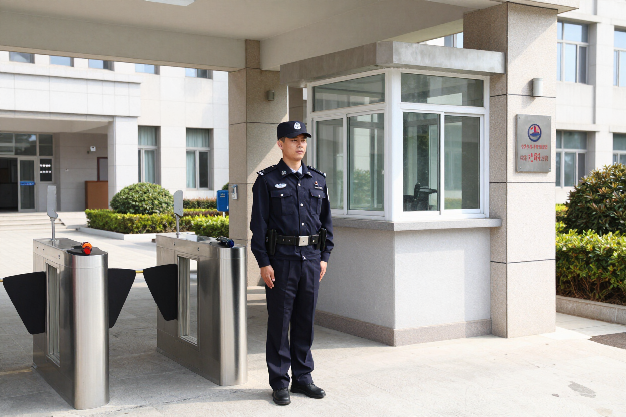 Un guardia de seguridad se encuentra en la entrada de un edificio, junto a un torniquete y una caseta de vigilancia.