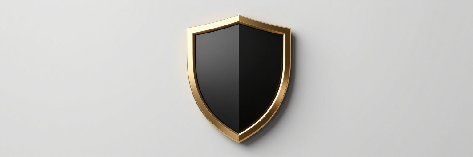 Emblema de escudo negro con contorno dorado sobre fondo gris claro