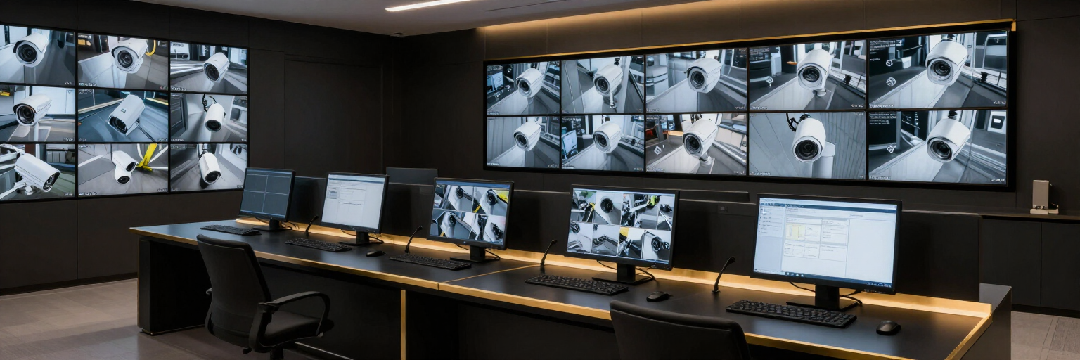 Sala de control con múltiples monitores de vigilancia montados en la pared y varias estaciones de trabajo informáticas.