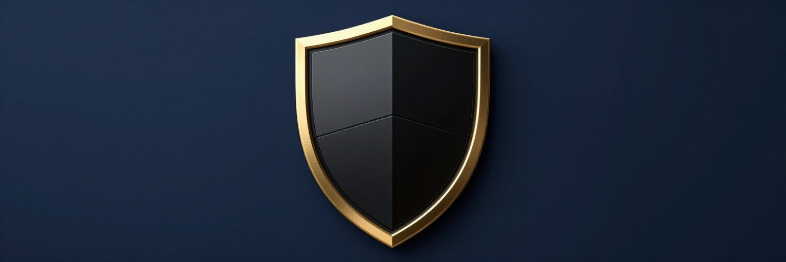 Icono de escudo negro con borde dorado sobre fondo azul oscuro