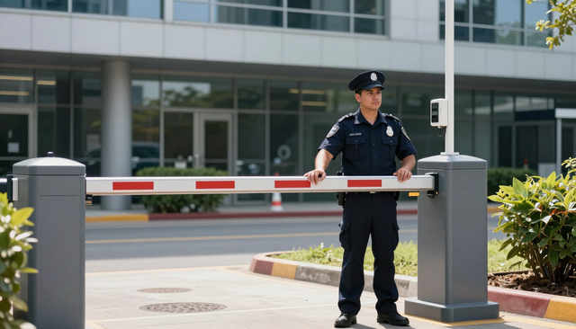 Acceso vehicular con barrera y personal de seguridad.