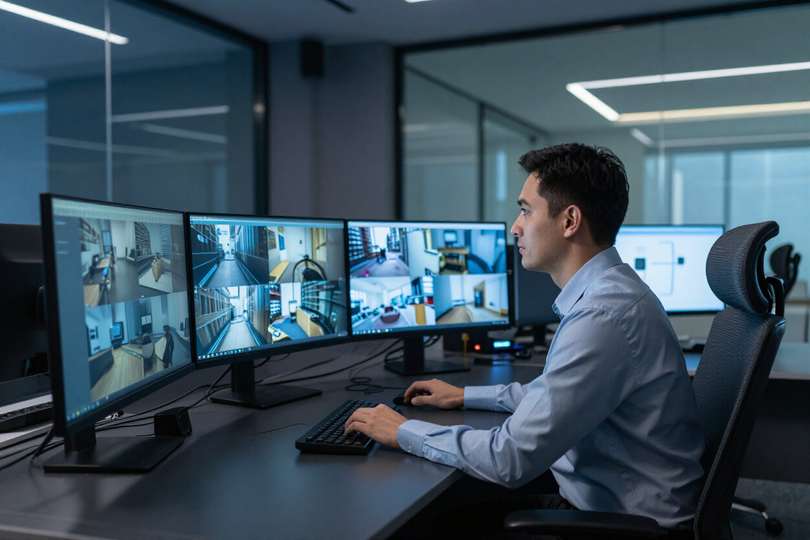 Operador de monitoreo CCTV observando múltiples pantallas en una sala de control moderna.