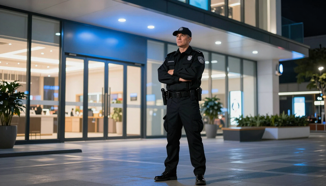 Guardia de seguridad supervisando la entrada de un centro comercial moderno.