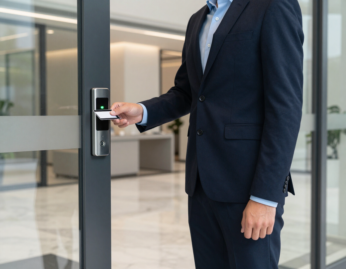 Un empresario utiliza una tarjeta de acceso para abrir la puerta de cristal de una oficina.