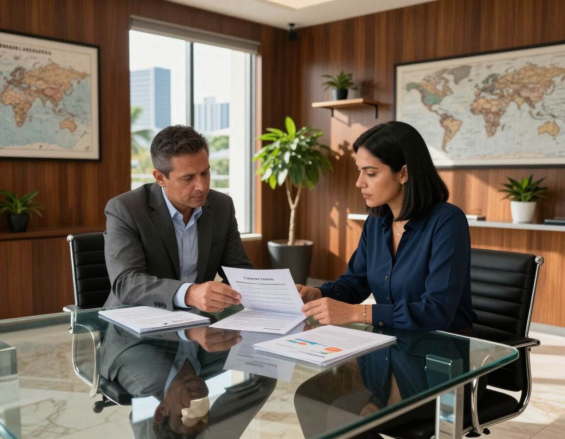 Dos empresarios revisan documentos en una mesa de conferencias de cristal en una oficina moderna.