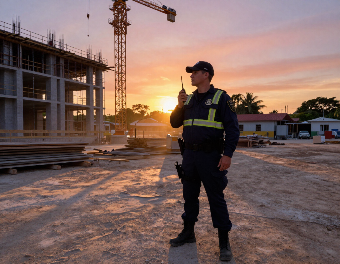 Obrero de la construcción con uniforme oscuro de pie en una obra con grúas al atardecer.