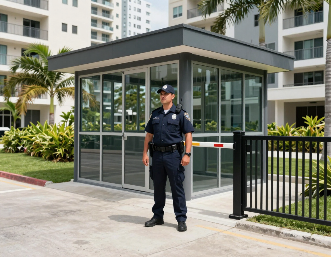 Un guardia de seguridad permanece junto a la entrada de un edificio de apartamentos moderno.