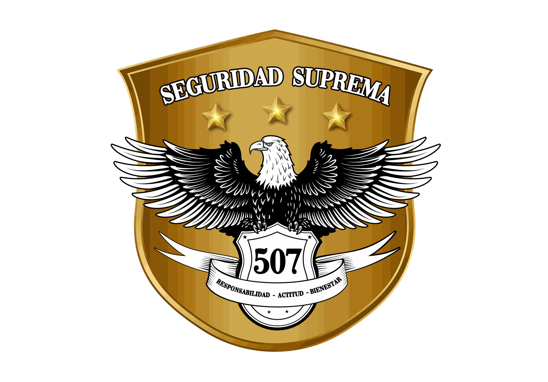 Emblema de escudo dorado con águila, estrellas y pancarta con las inscripciones “SEGURIDAD SUPREMA” y “507”.