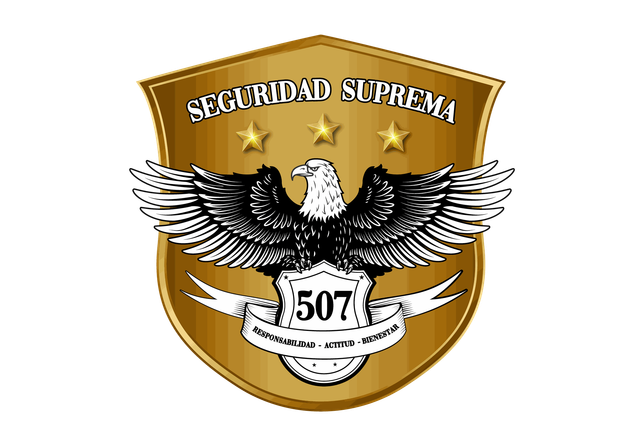Logotipo de escudo dorado con águila, texto “Seguridad Suprema”, estrellas y pancarta “507”.