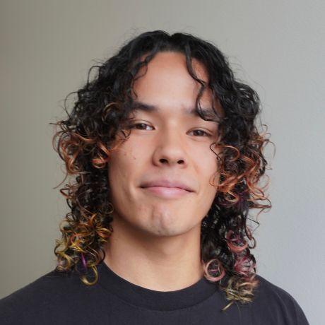 Young man with curly brown hair in a green shirt smiles. Gray background.