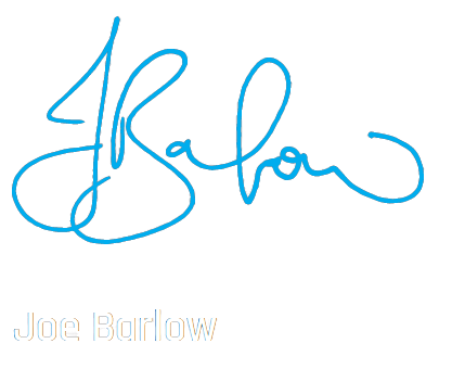 A blue signature of joe barlow on a white background