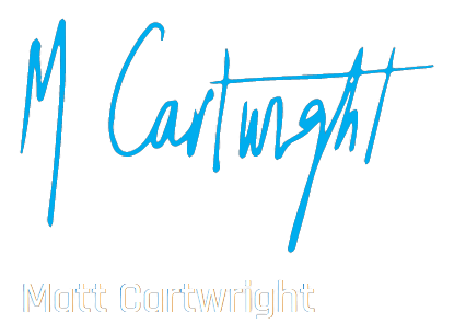 A blue handwritten signature of matt cartwright on a white background.