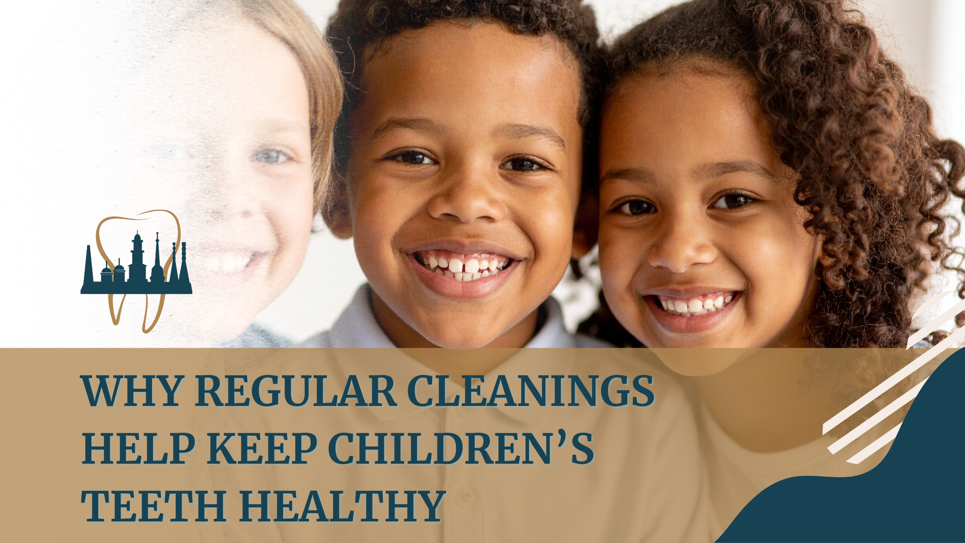 Three children smiling with white teeth; text about children's teeth cleaning.