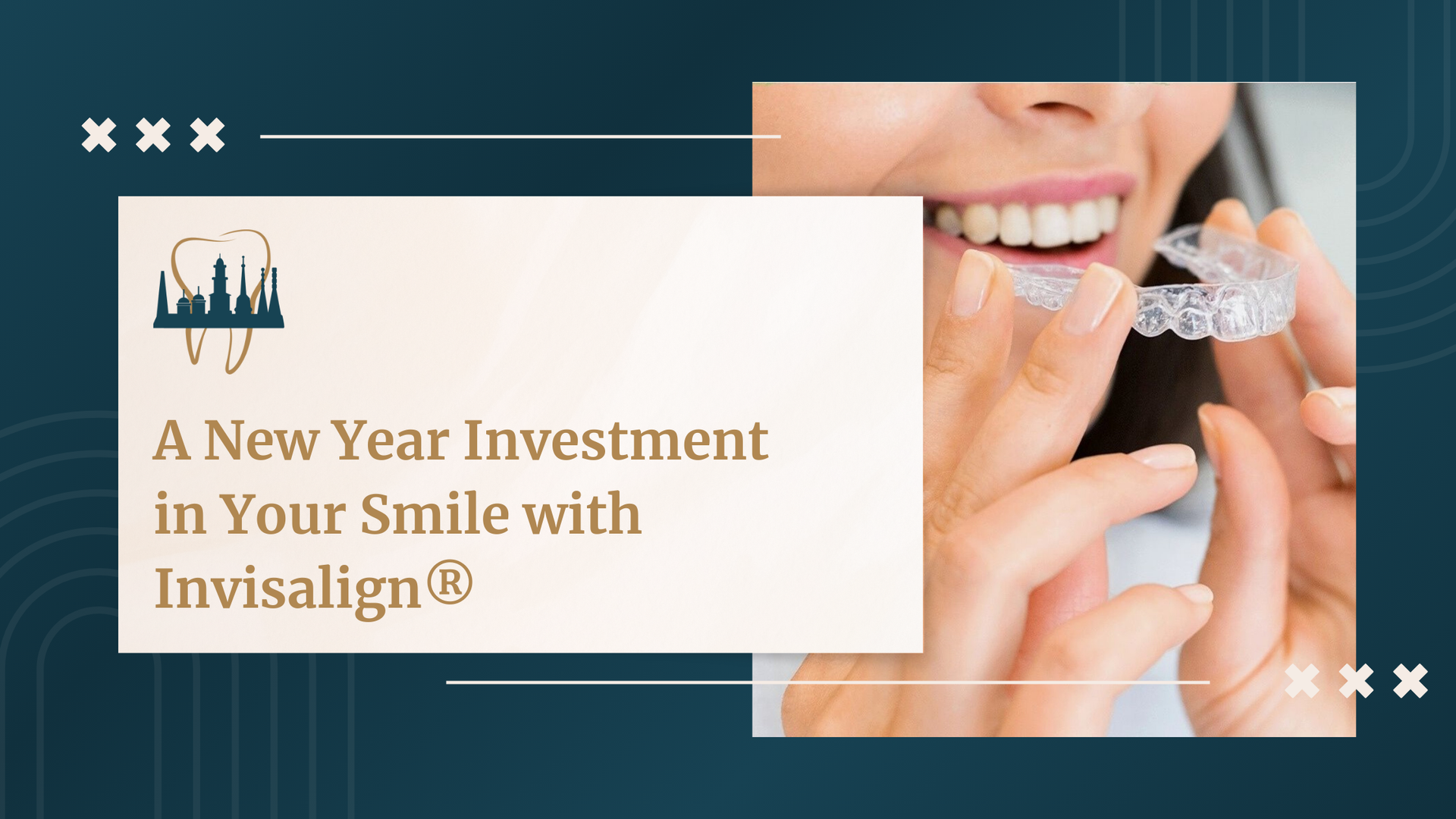 Woman holding Invisalign aligners; headline