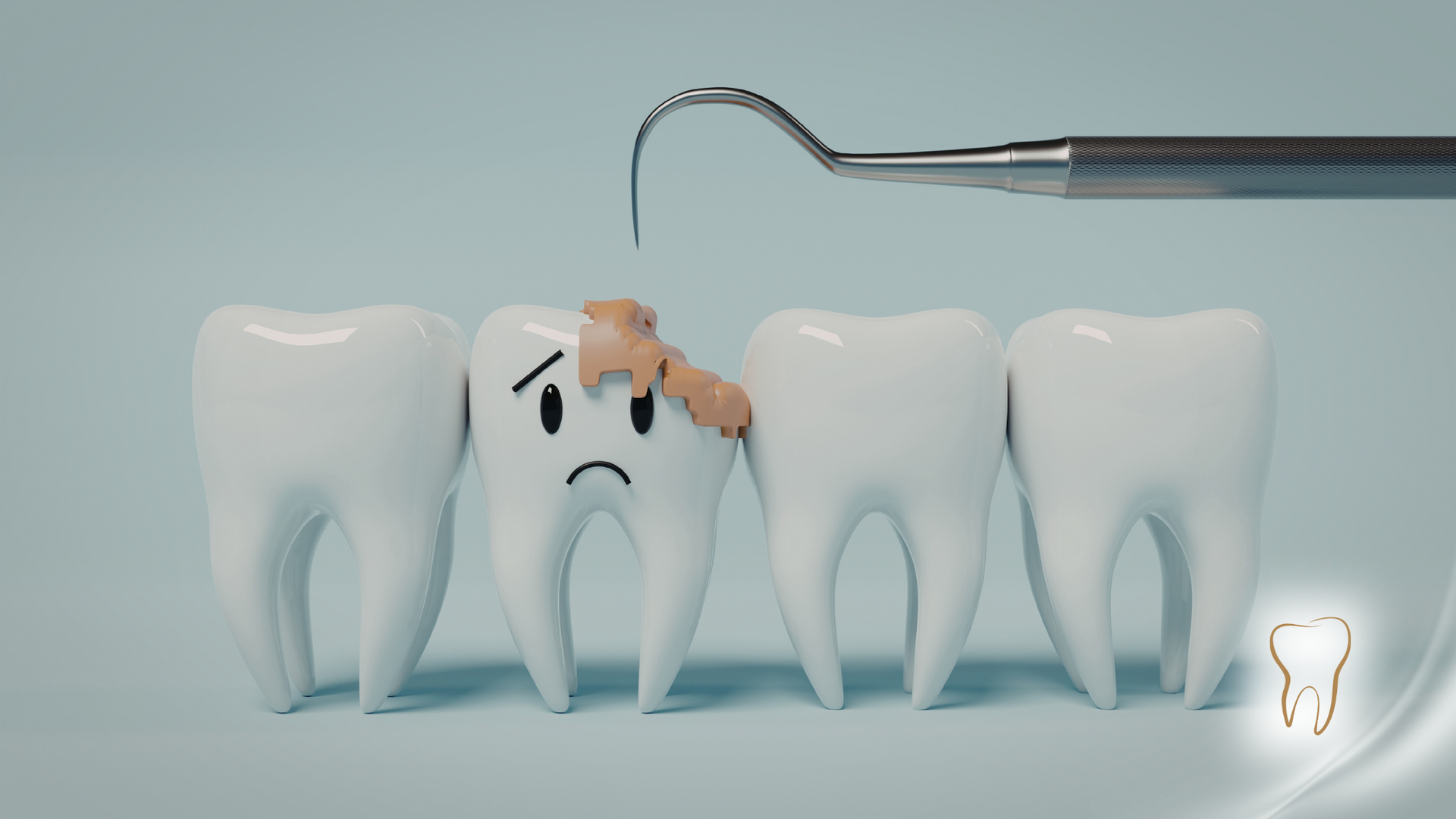 Cartoon teeth, one with a cavity and sad expression, with dental tool above.