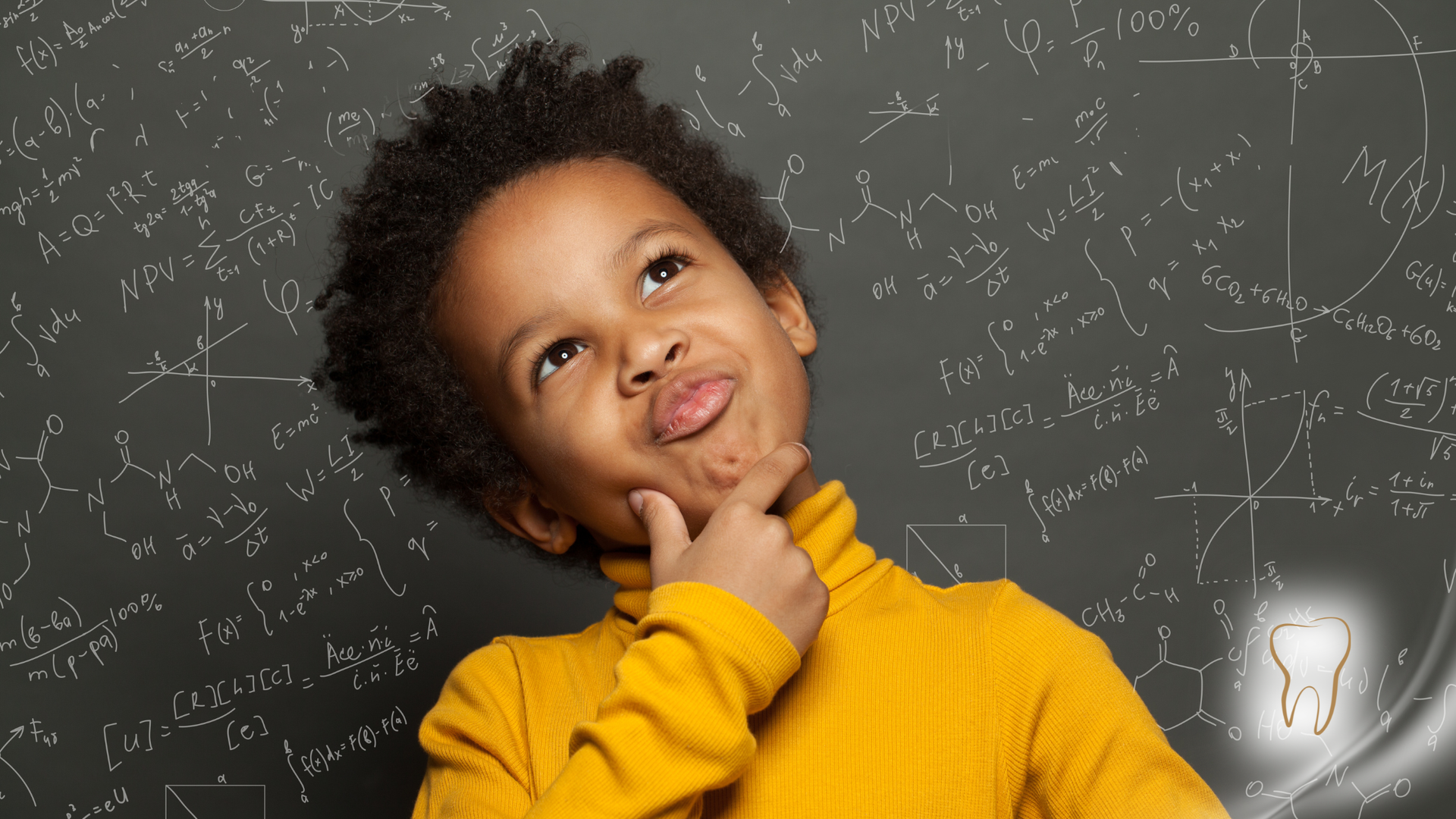 Child pondering math equations, hand on chin, wearing a yellow turtleneck, with a tooth icon.