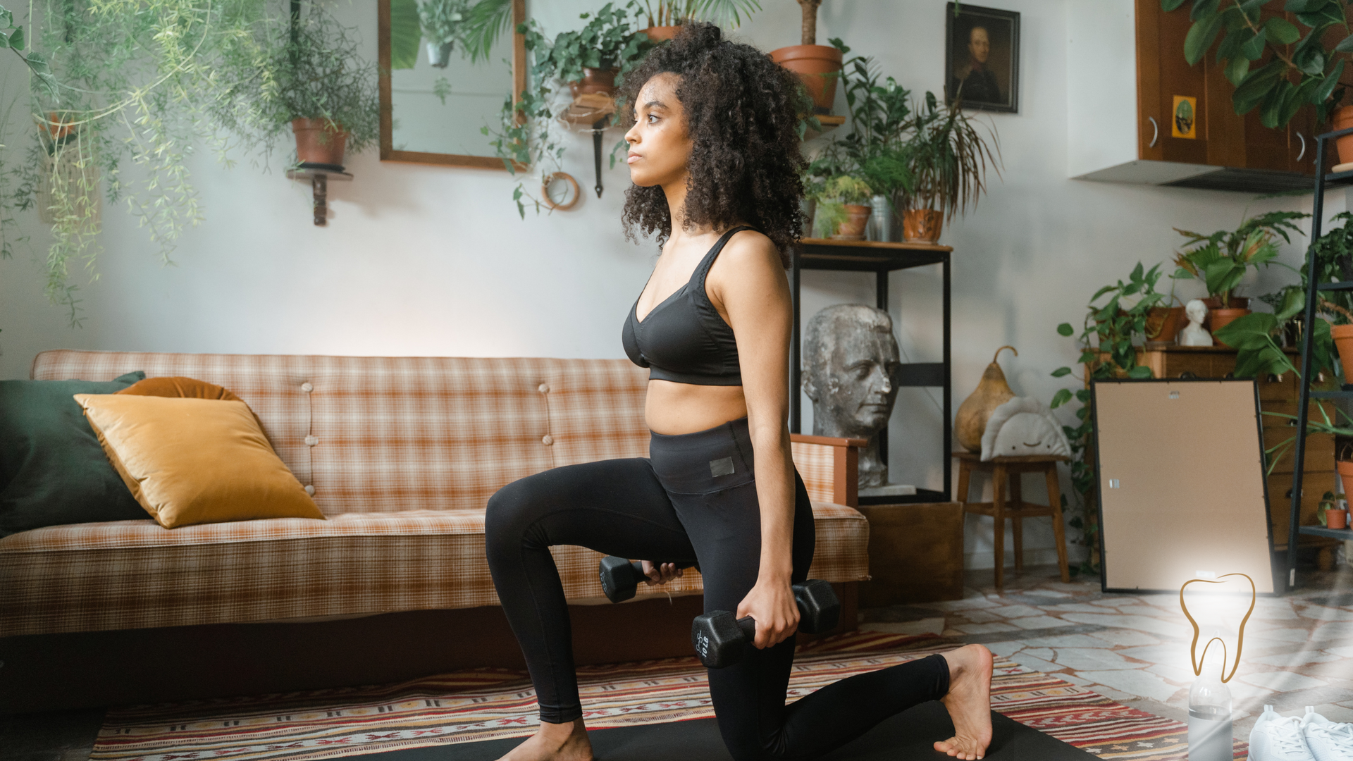 A woman is doing lunges on a yoga mat in a living room while holding a dumbbell.