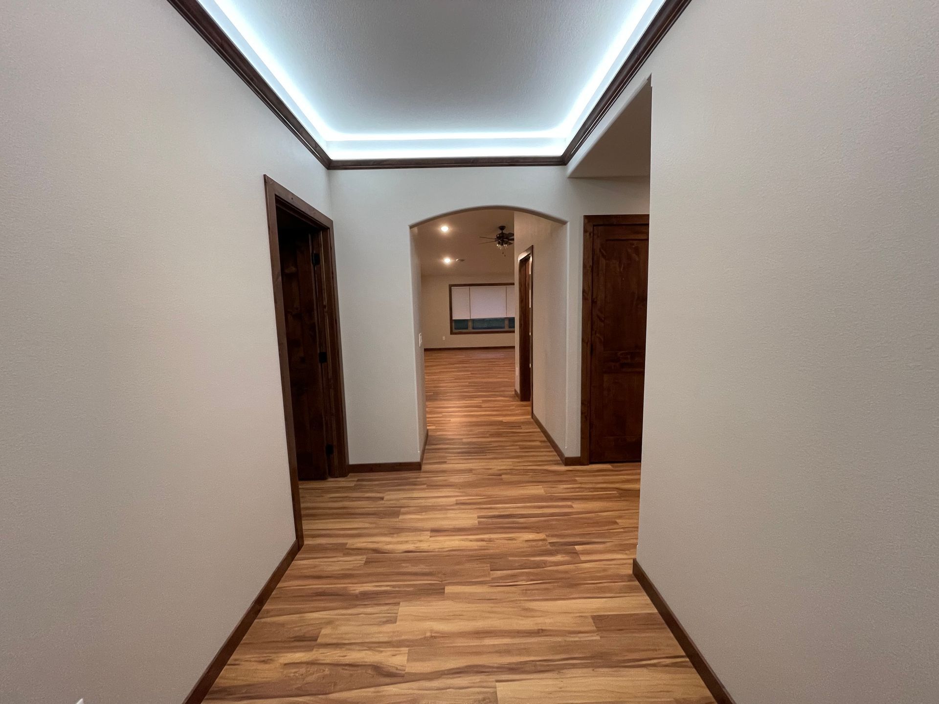 Hallway with wood floors and trim, leading to arched doorway and other doors.