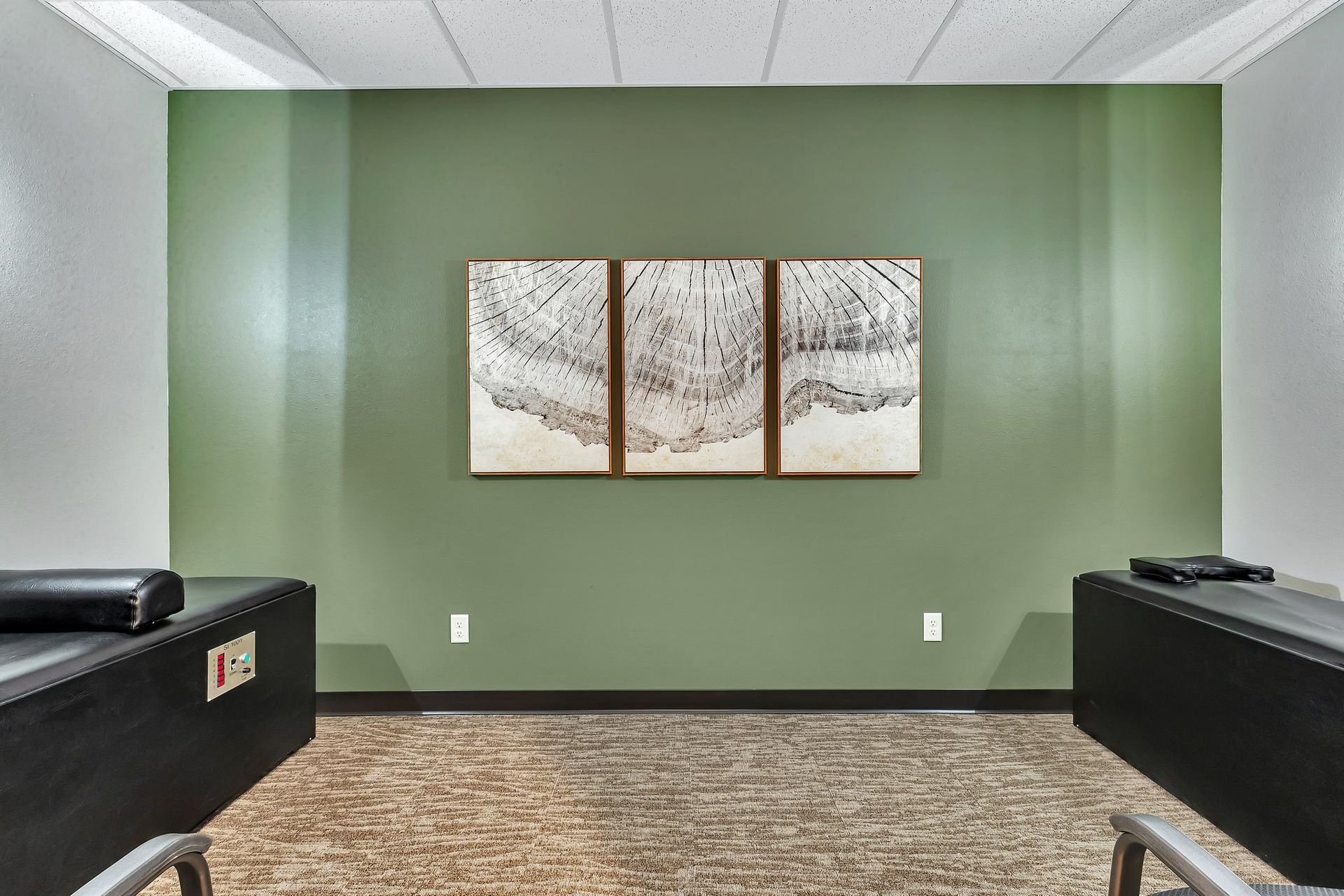 Green-walled room with three-panel art. Black tables and chairs are in the foreground, and the floor is carpeted.