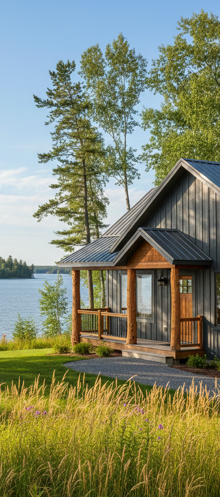 Wooden lakeside cabin with a porch, tall grasses, and trees on a sunny day