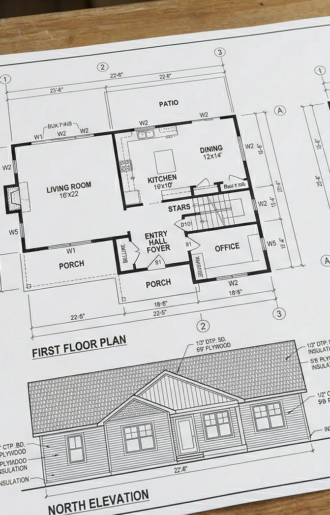Hand-drawn house floor plan with room labels and a shaded landscape sketch below