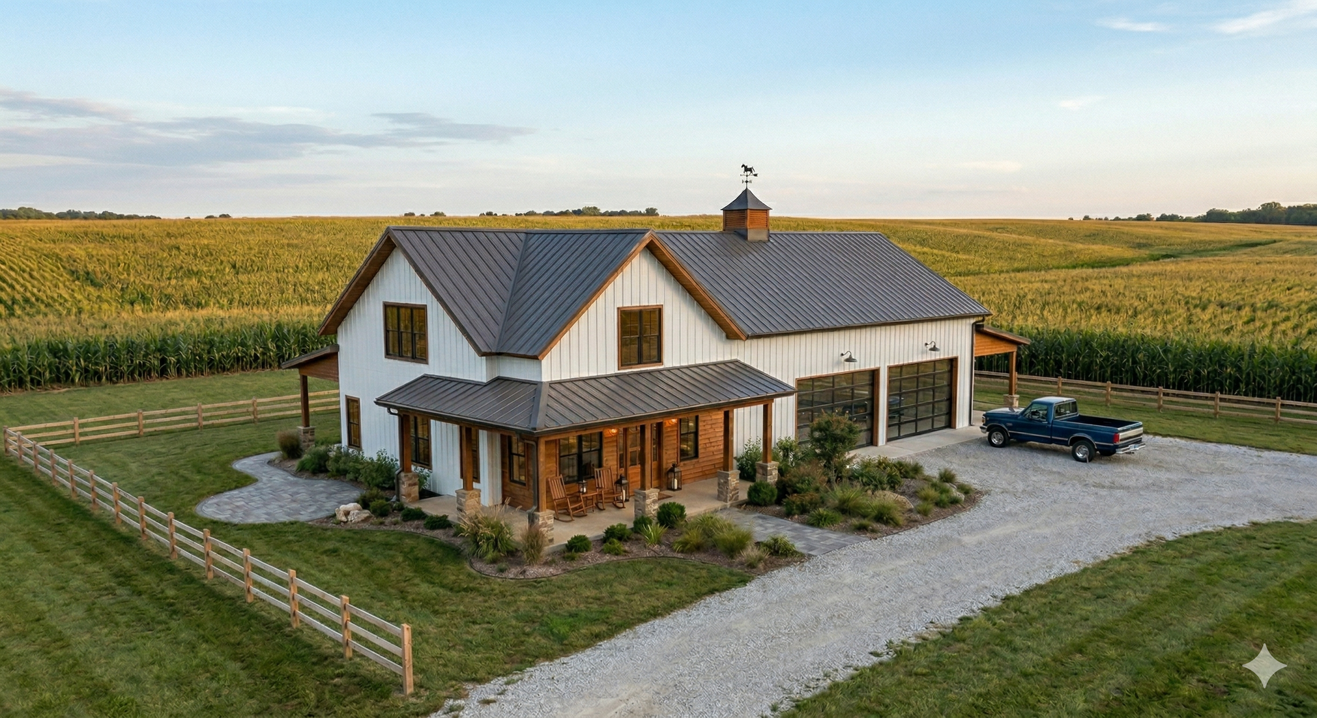White farmhouse with a porch and gravel driveway beside a cornfield under a clear sky.
