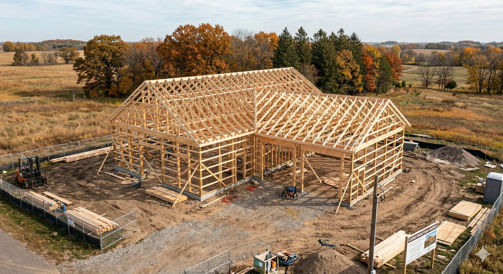 Wooden house frame under construction on a rural lot, surrounded by autumn trees.
