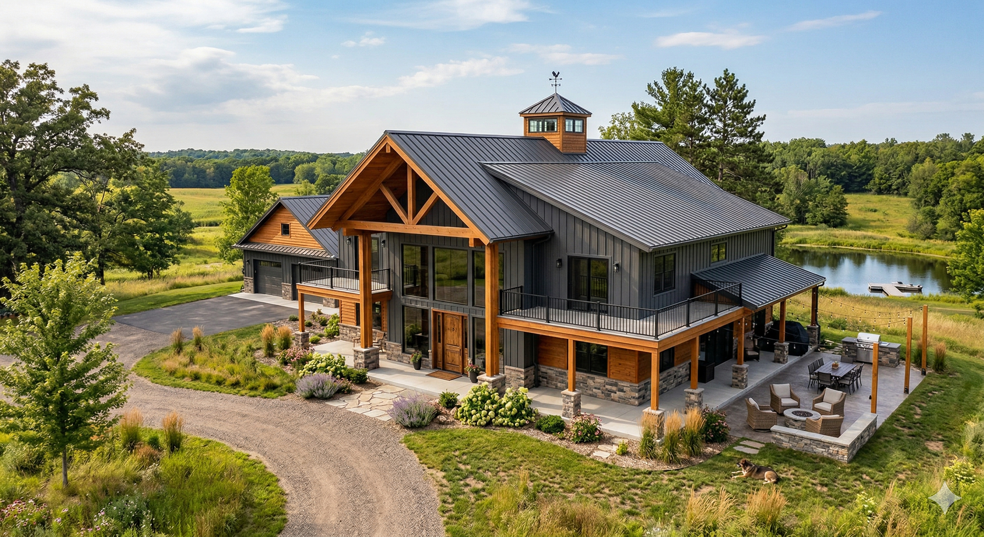 Rustic lodge with metal roof and wraparound porch beside a pond, surrounded by green fields and trees.
