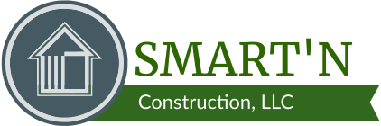 Logo for Smart'n Construction, LLC, featuring a house outline within a circle, and text on a green ribbon.