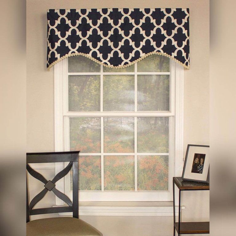 A window with a blue and white valance on it