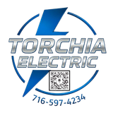 Logo for Torchia Electric with a blue lightning bolt and text, plus a QR code and phone number.