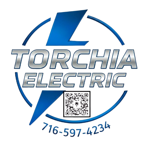 Logo for Torchia Electric with a blue lightning bolt and text, plus a QR code and phone number.
