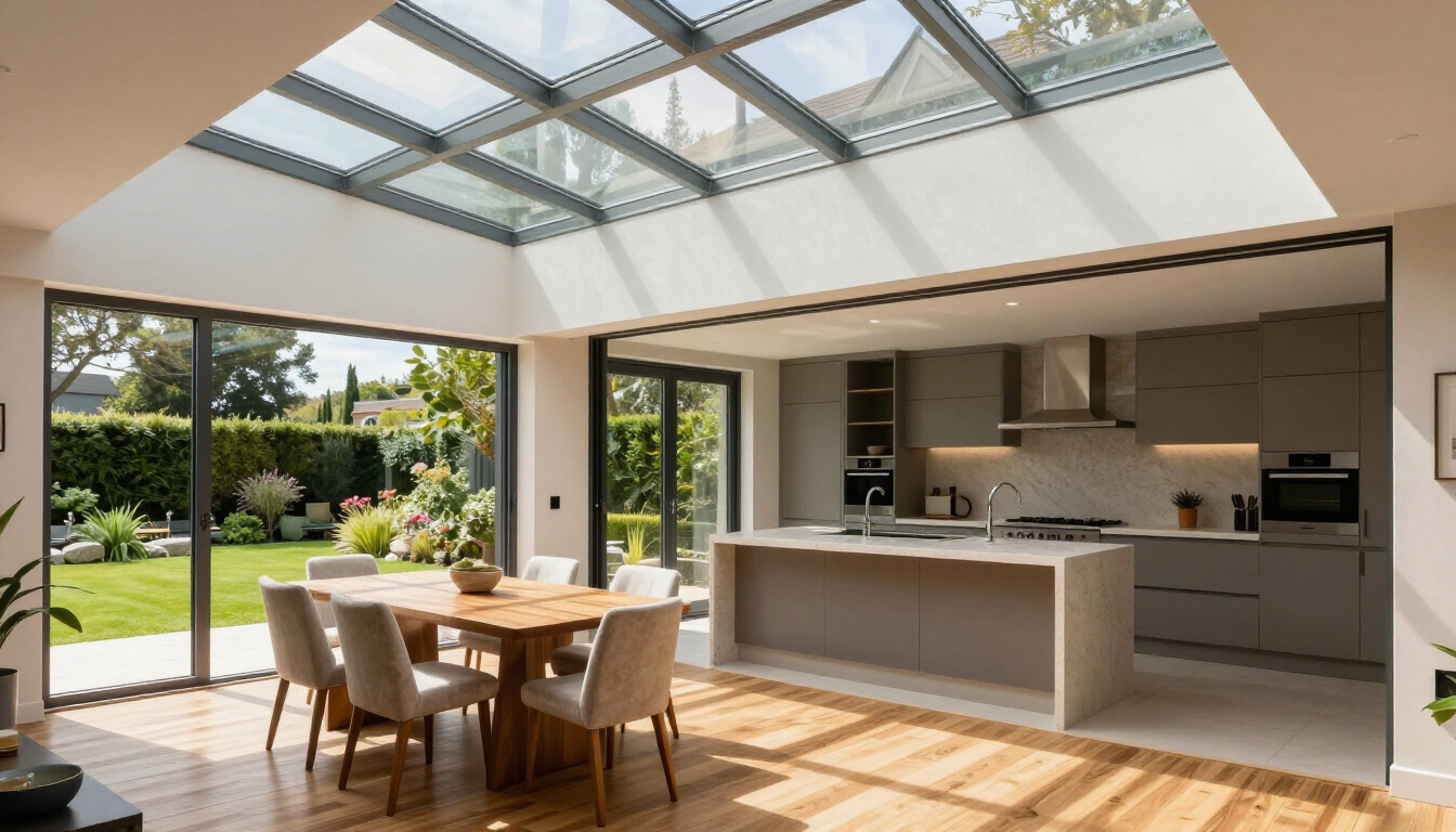Bright open-plan kitchen and dining area with skylight, garden view, and sunlit wooden floor