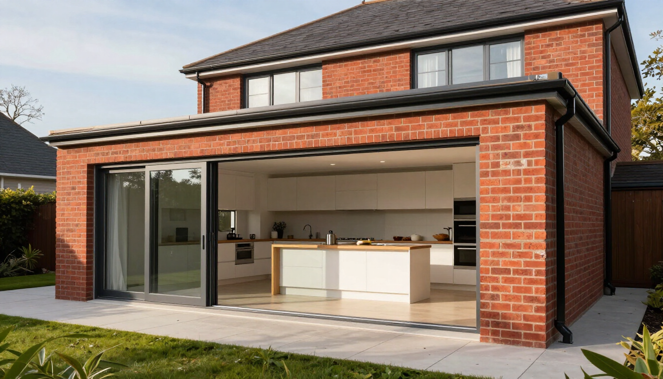 Modern brick house with open glass doors, revealing a bright kitchen and indoor-outdoor living area.