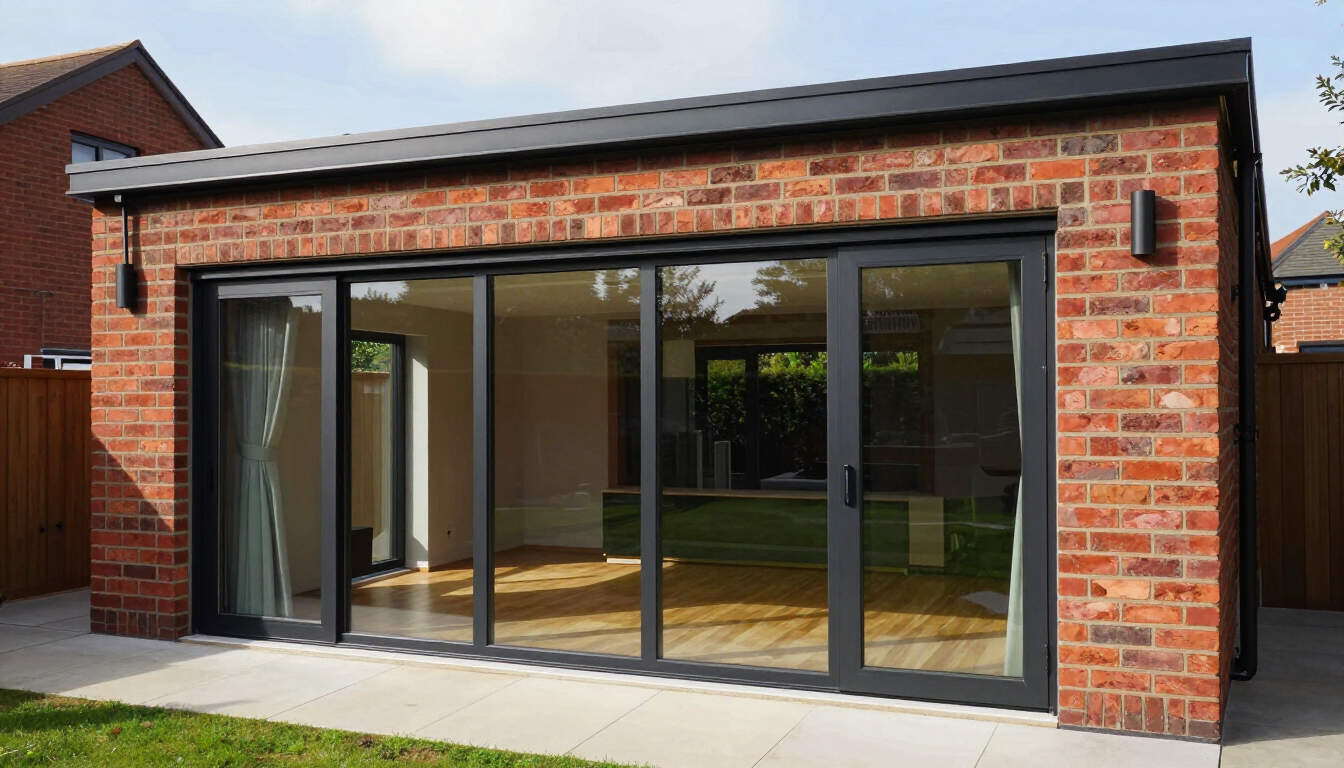 Modern brick house with large black-framed glass sliding doors and patio.