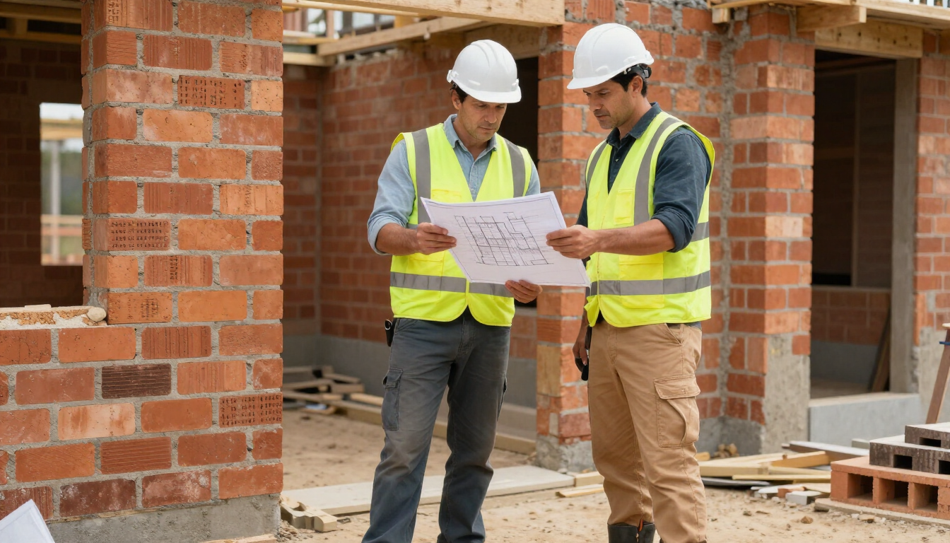 Two construction workers in hard hats review blueprints at a building site.