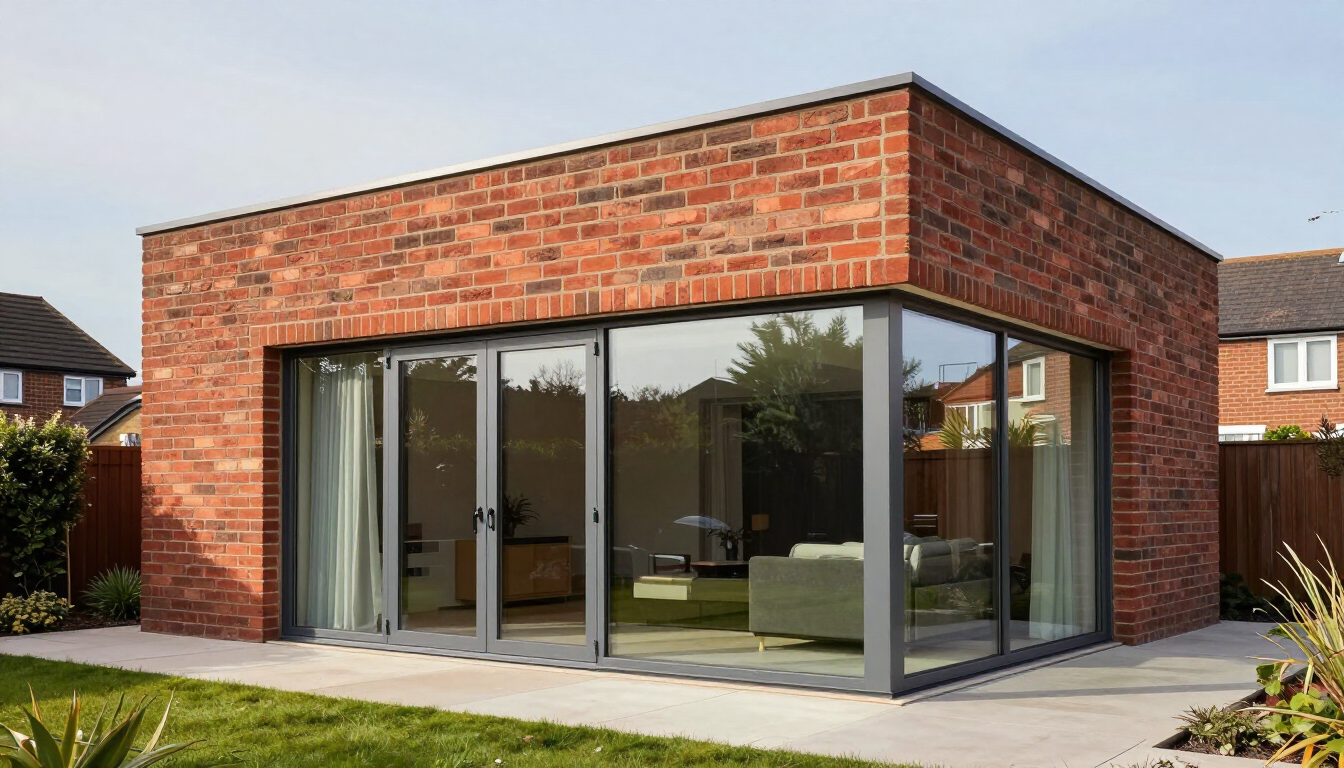 Modern brick house extension with large glass doors and windows opening to a patio and lawn
