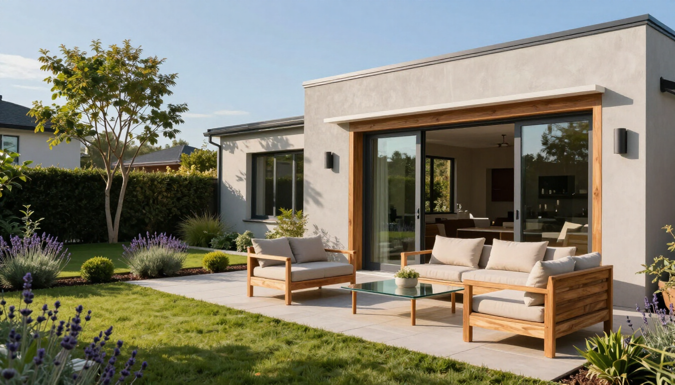 Modern white house patio with wooden lounge chairs, sliding glass doors, and a green lawn
