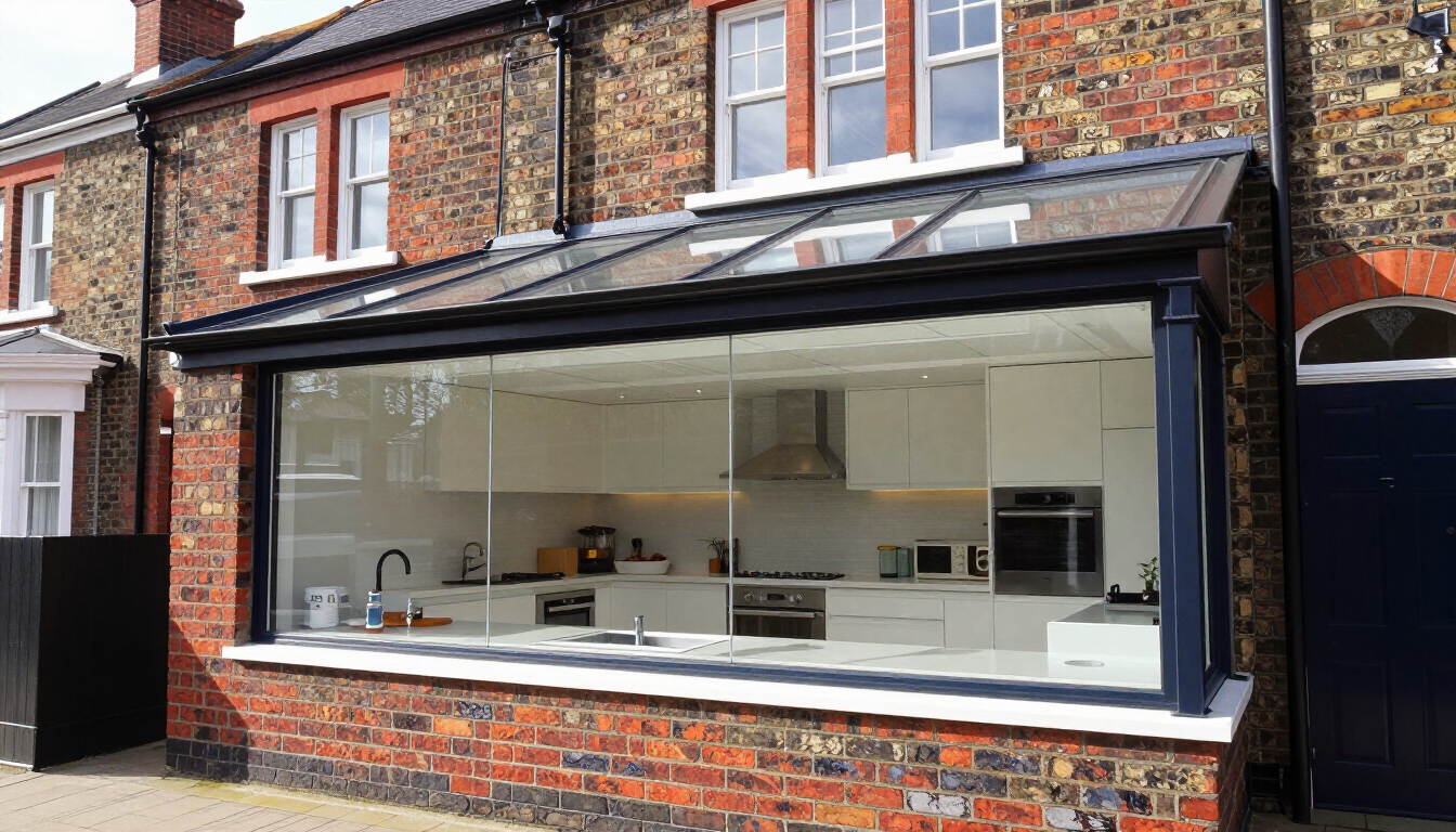 Large storefront-style window on a brick house, showing a bright modern kitchen inside.