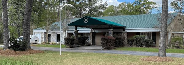 A house with a green awning over the entrance is surrounded by trees.