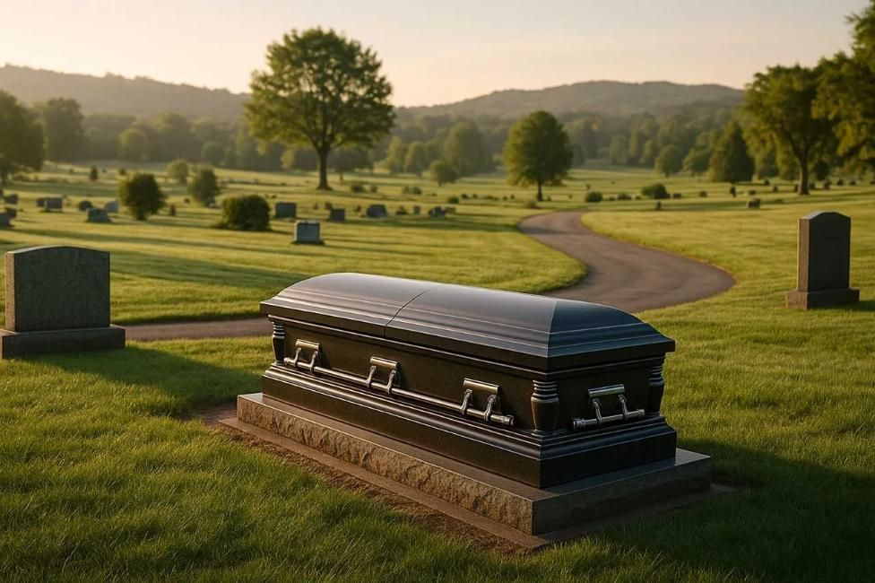 Casket resting in a peaceful cemetery landscape, funeral home and cremations Mandeville, LA