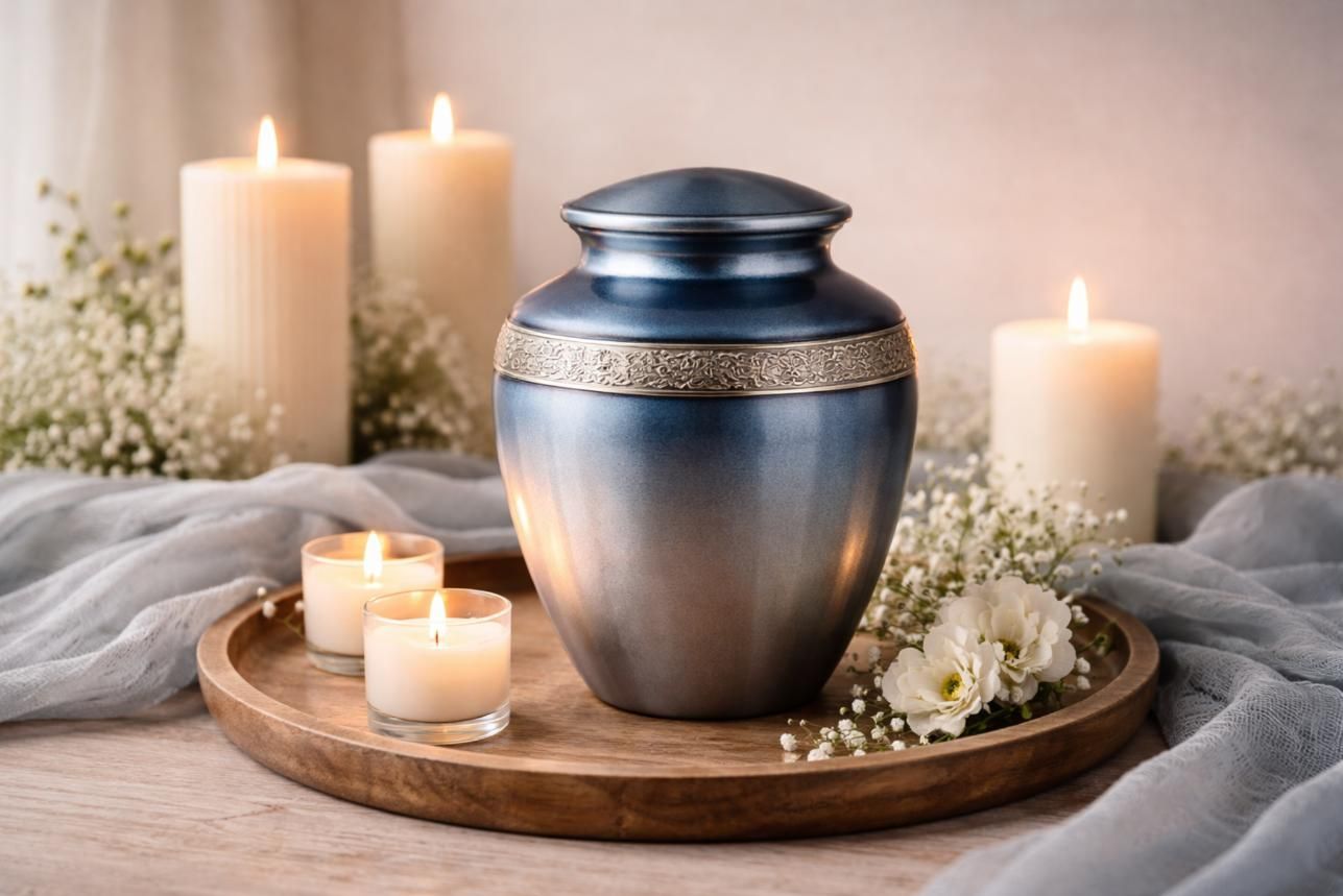 Decorative urn with candles and flowers on tray, funeral home and cremations Mandeville, LA