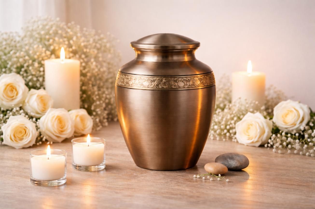 Decorative urn with candles and white roses memorial display at a funeral home and cremations Covington, LA
