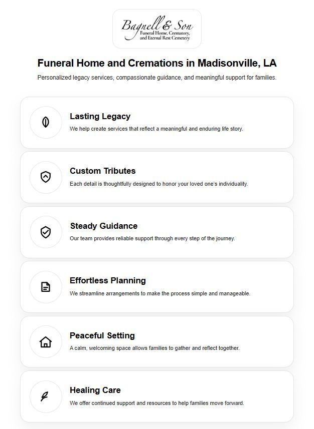 Infographic of services and support at funeral home and cremations Madisonville, LA, including planning, tributes, and care