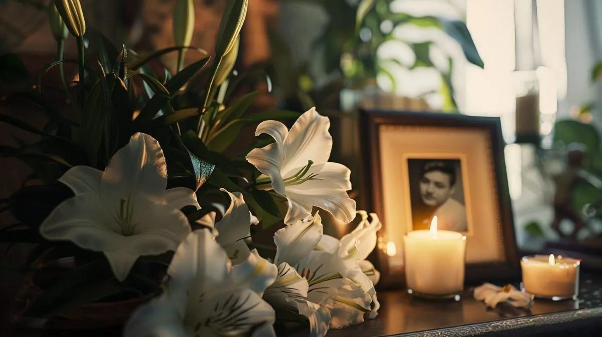 Memorial display with white lilies, candles, and photo, funeral home and cremations Madisonville, LA