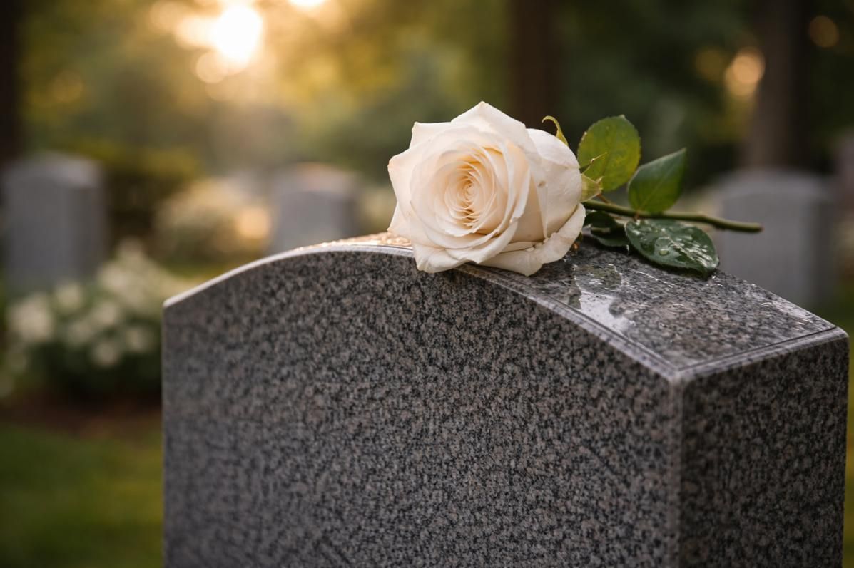 White rose resting on a granite headstone, funeral home and cremations Madisonville, LA